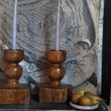 Pair of old brutalist turned solid wood candlesticks