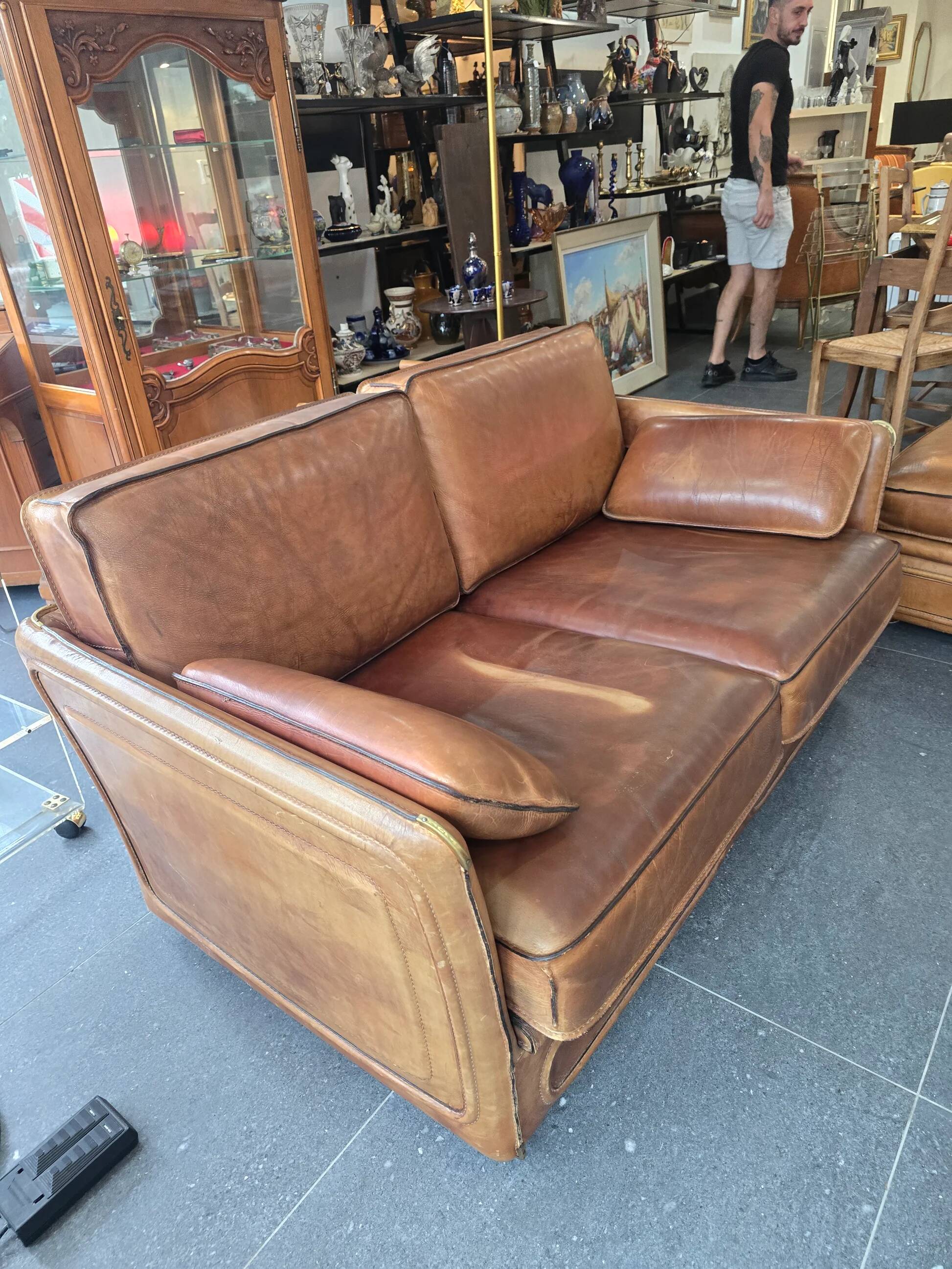Roche Bobois vintage lounge from the 80s – cognac buffalo leather – 2 sofas + pouf