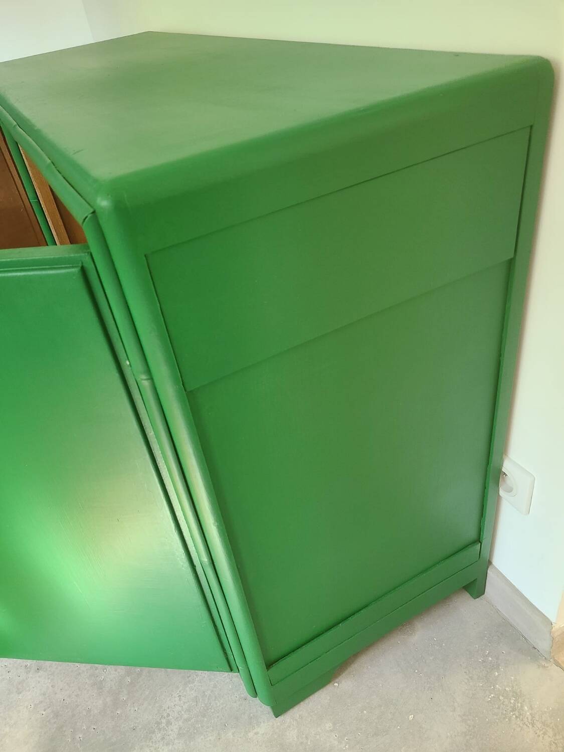 Old sideboard buffet Green wood and bamboo vintage storage unit