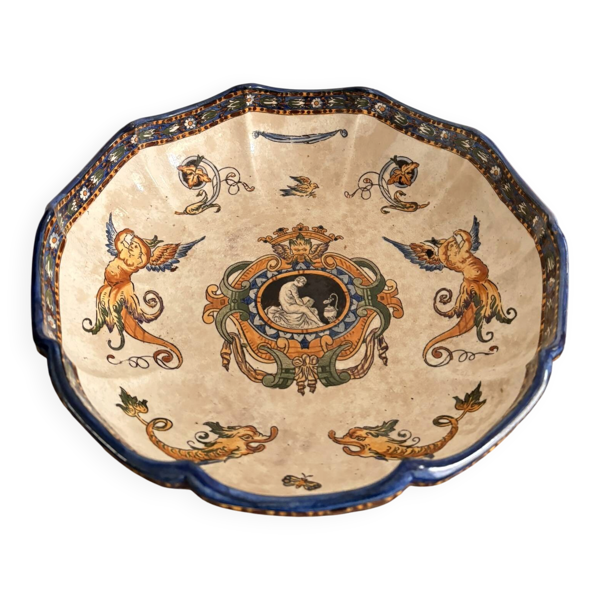 Ancien Melonnière Corbeille Fruit Faïence Gien Modèle Renaissance XIXème An