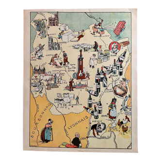 Carte illustrée de la Bourgogne de 1942 par JP Pinchon