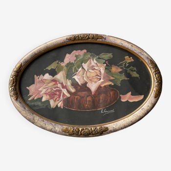 Peinture roses cadre ovale