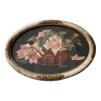 Peinture roses cadre ovale