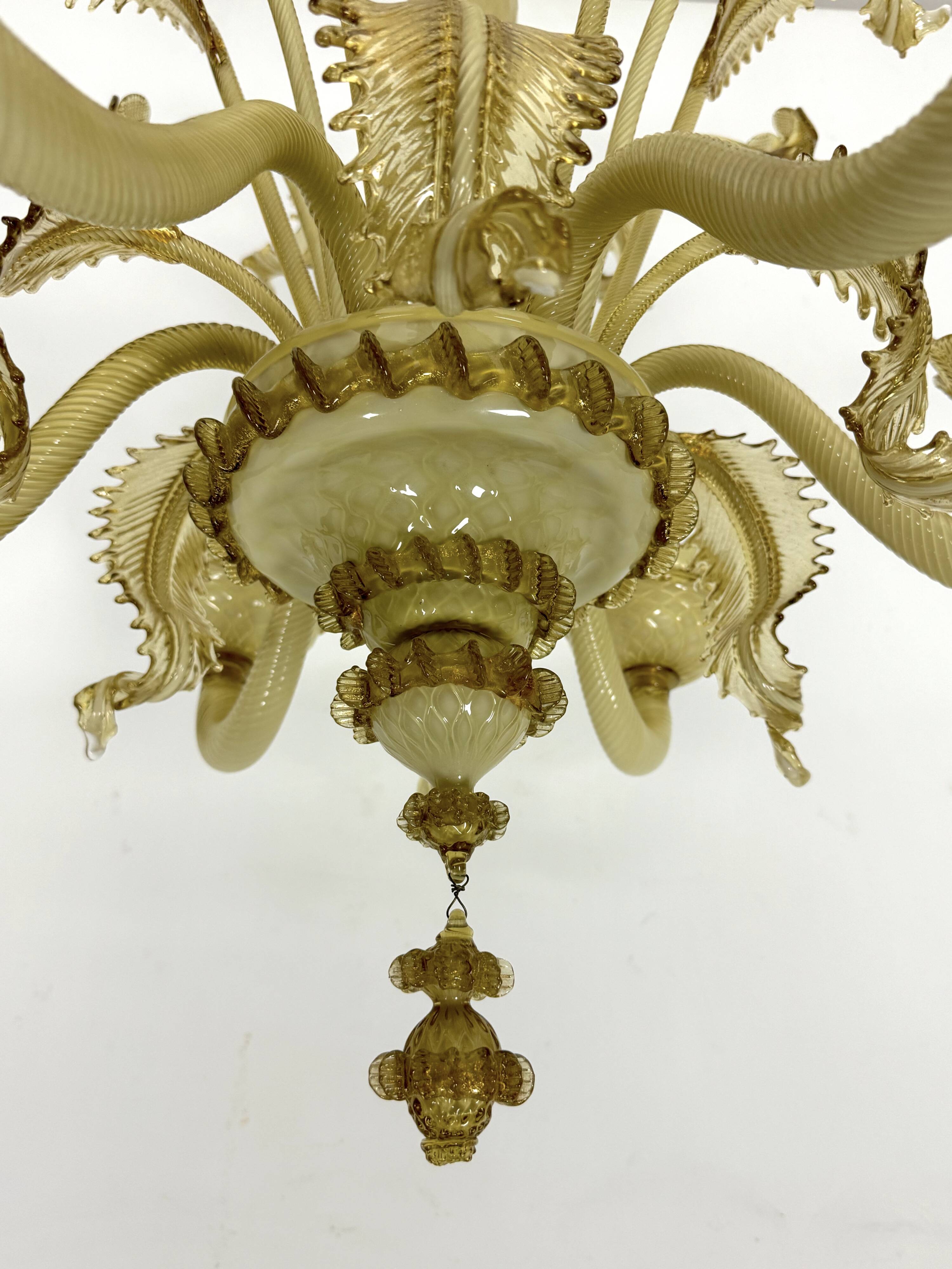 Vintage 6 arms handcrafted floral Murano glass chandelier with gold. Italy 1950s