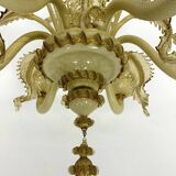 Vintage 6 arms handcrafted floral Murano glass chandelier with gold. Italy 1950s