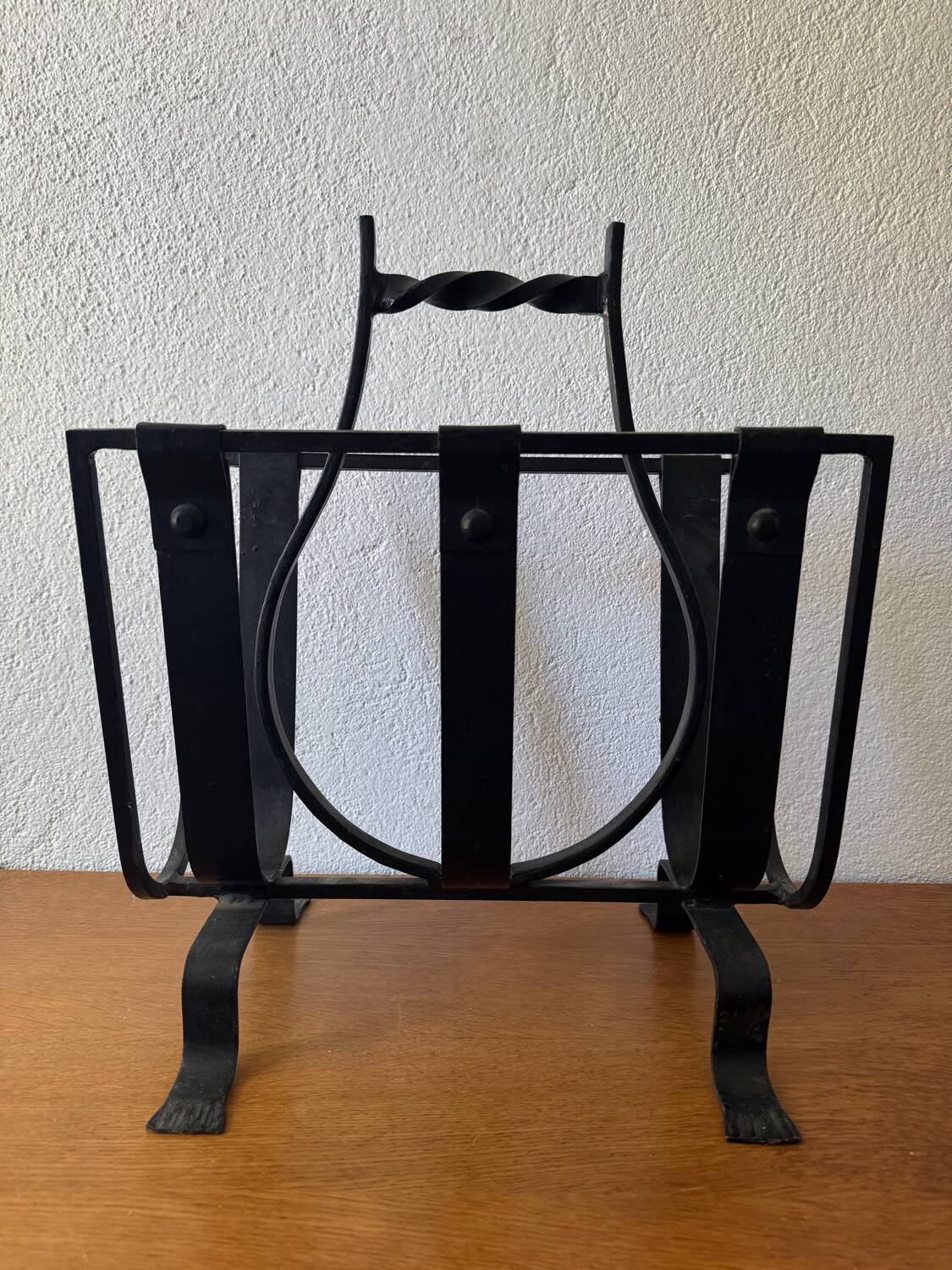 Brutalist wrought iron magazine rack from the 50s