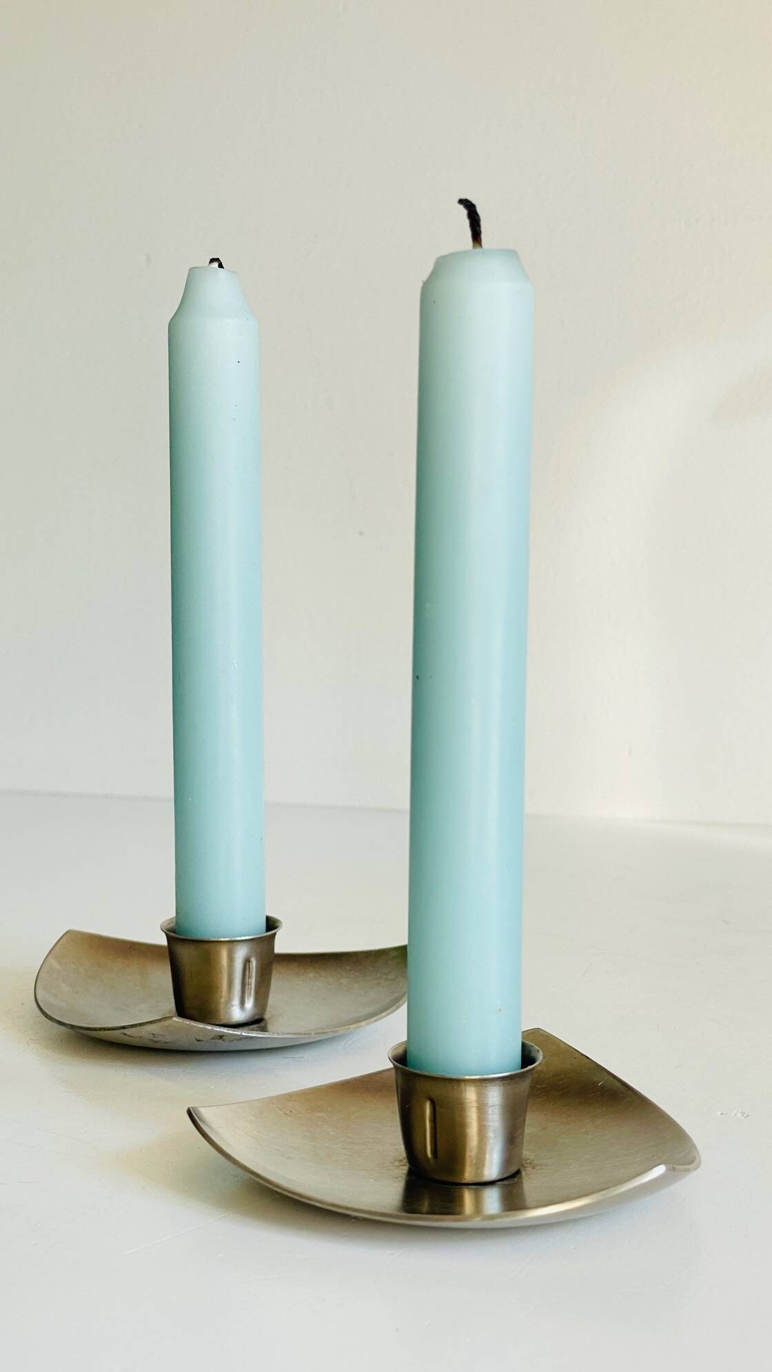 Vintage brushed metal geometric candle holders