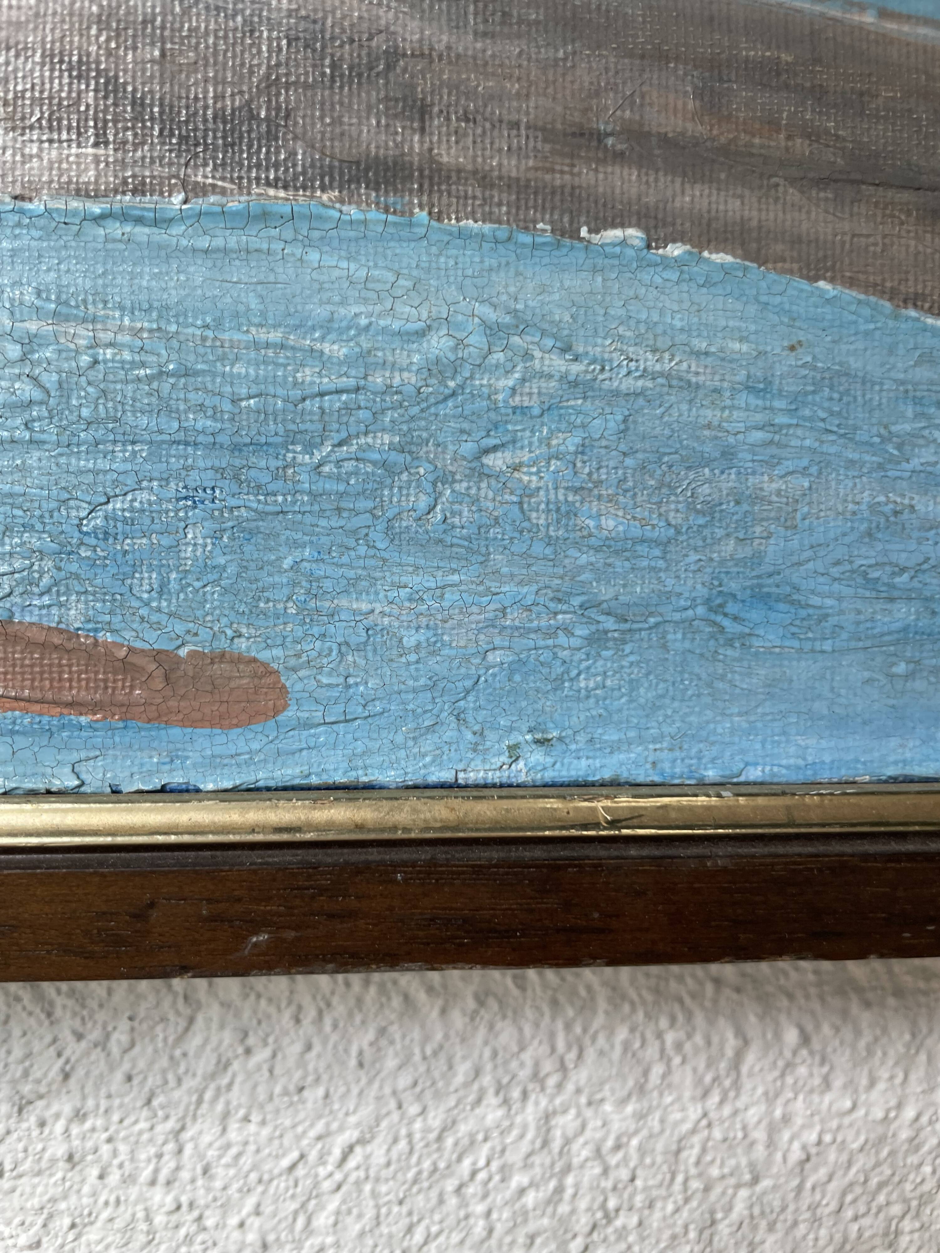 Oil painting on wood boats and lake 1977
