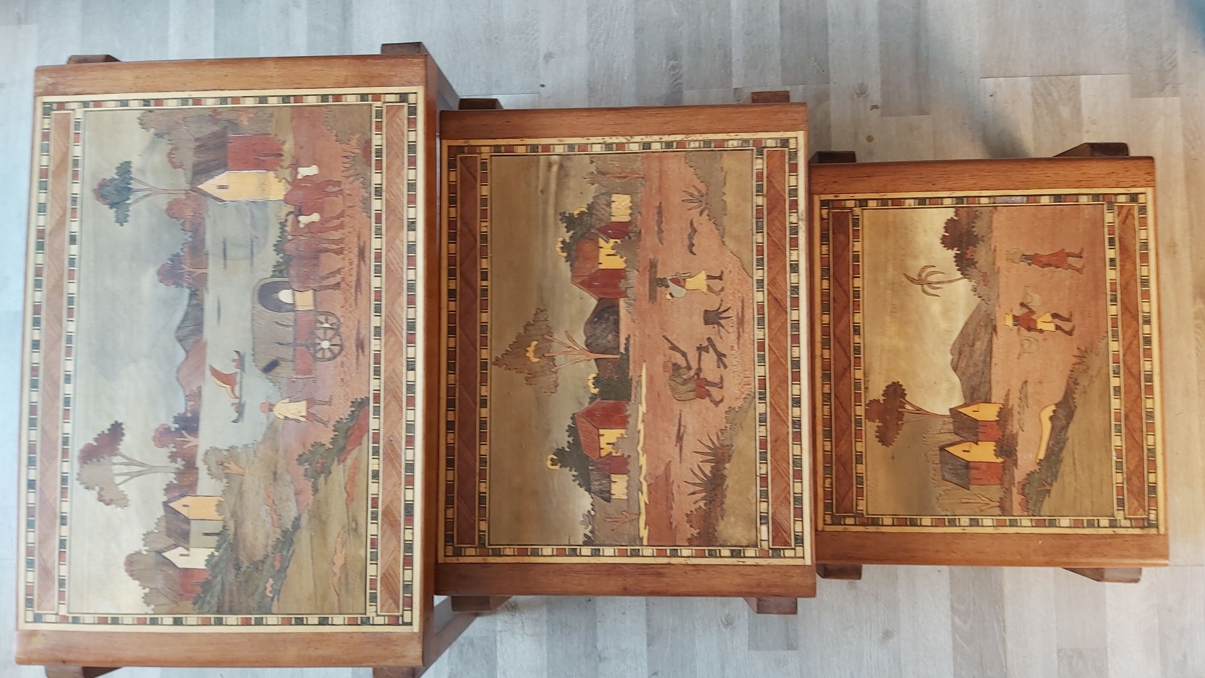 Malagasy marquetry trundle tables