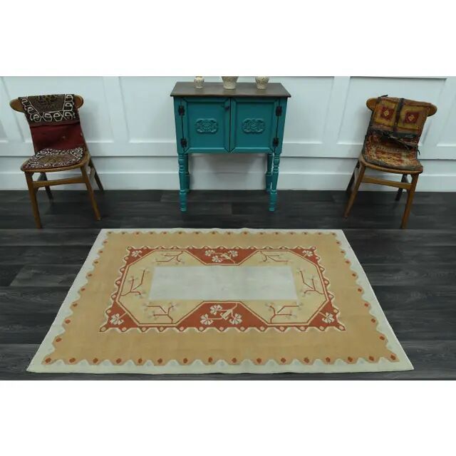 1970s Vintage Turkish Oushak Handmade Wool Cotton Orange Area Rug  116x178