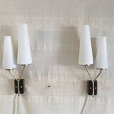 Asymmetrical double light wall sconces in brass, metal, and opaline - 50s