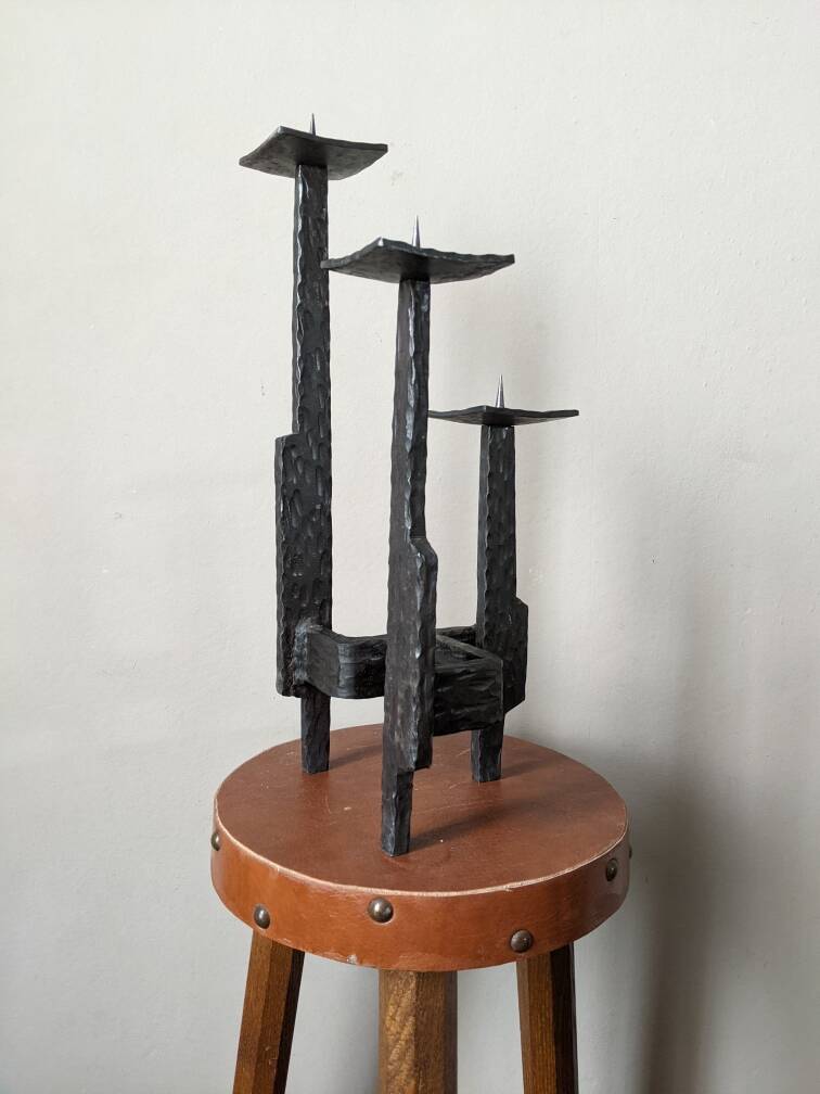brutalist design candle holder wrought iron handcrafted ironwork art
