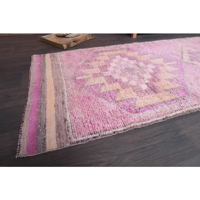 Vintage Turkish Hand-Knotted Wool Cotton Pink Runner Rug 91x288