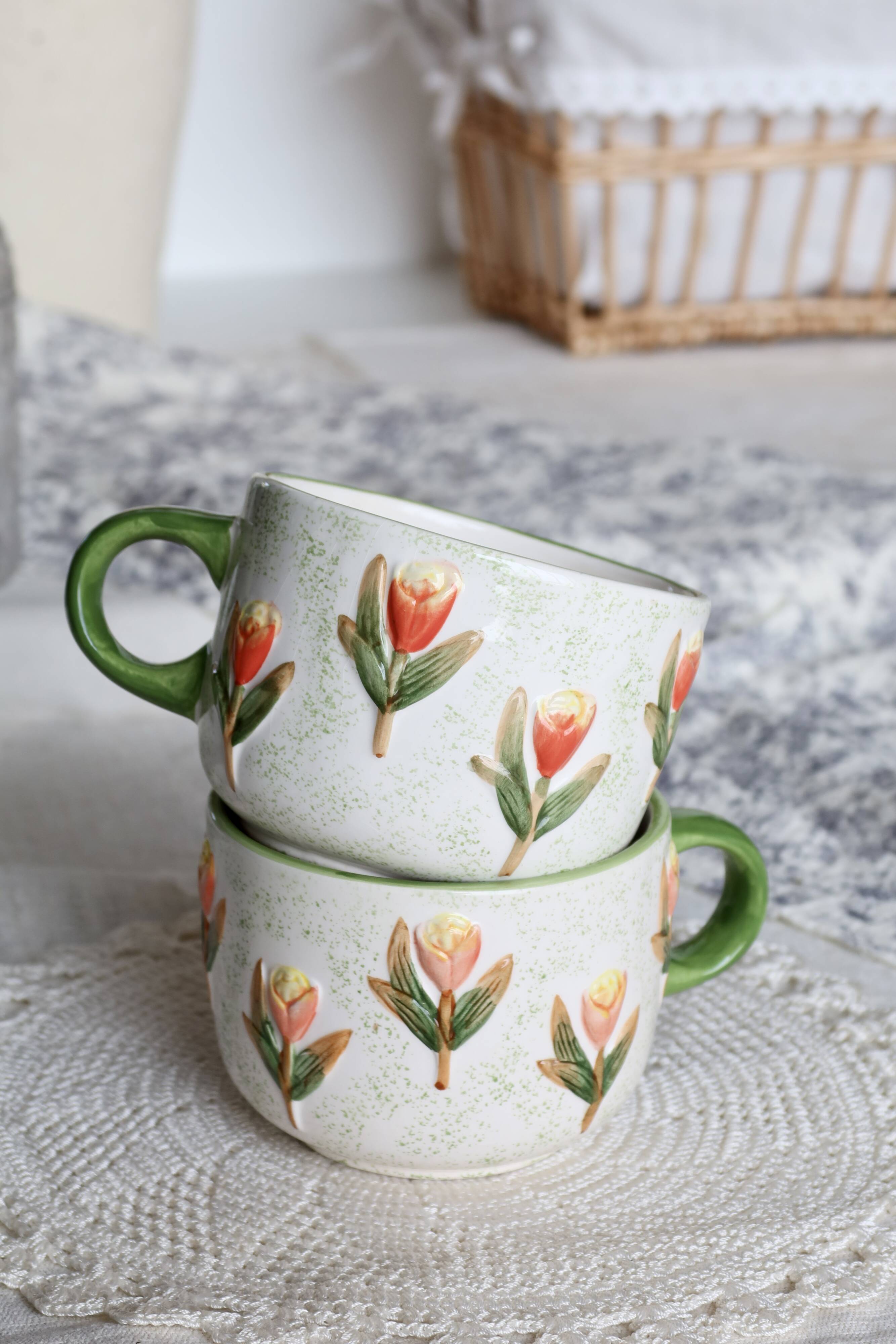 Vintage barbotine cups/mugs - Tulip pattern - Orange and green tones