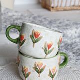 Vintage barbotine cups/mugs - Tulip pattern - Orange and green tones