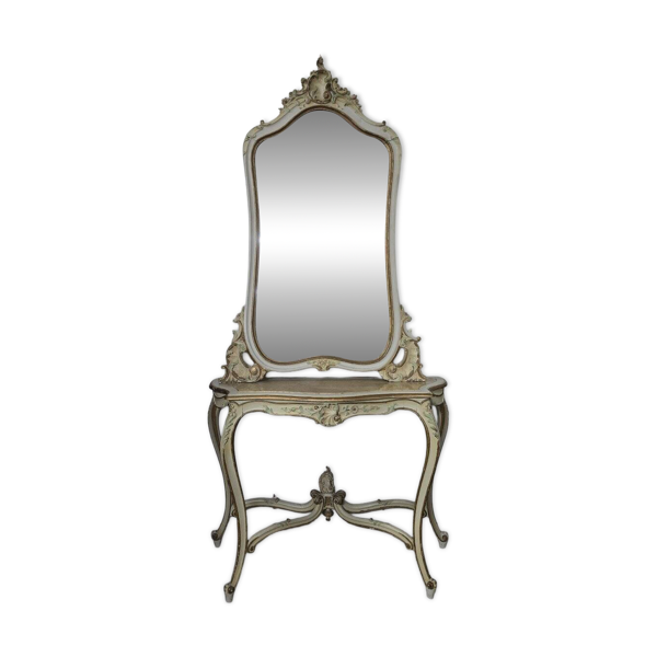 Console et grand miroir de style Louis XV en bois laqué et doré