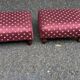 2 low footstools in burgundy fabric and solid wood