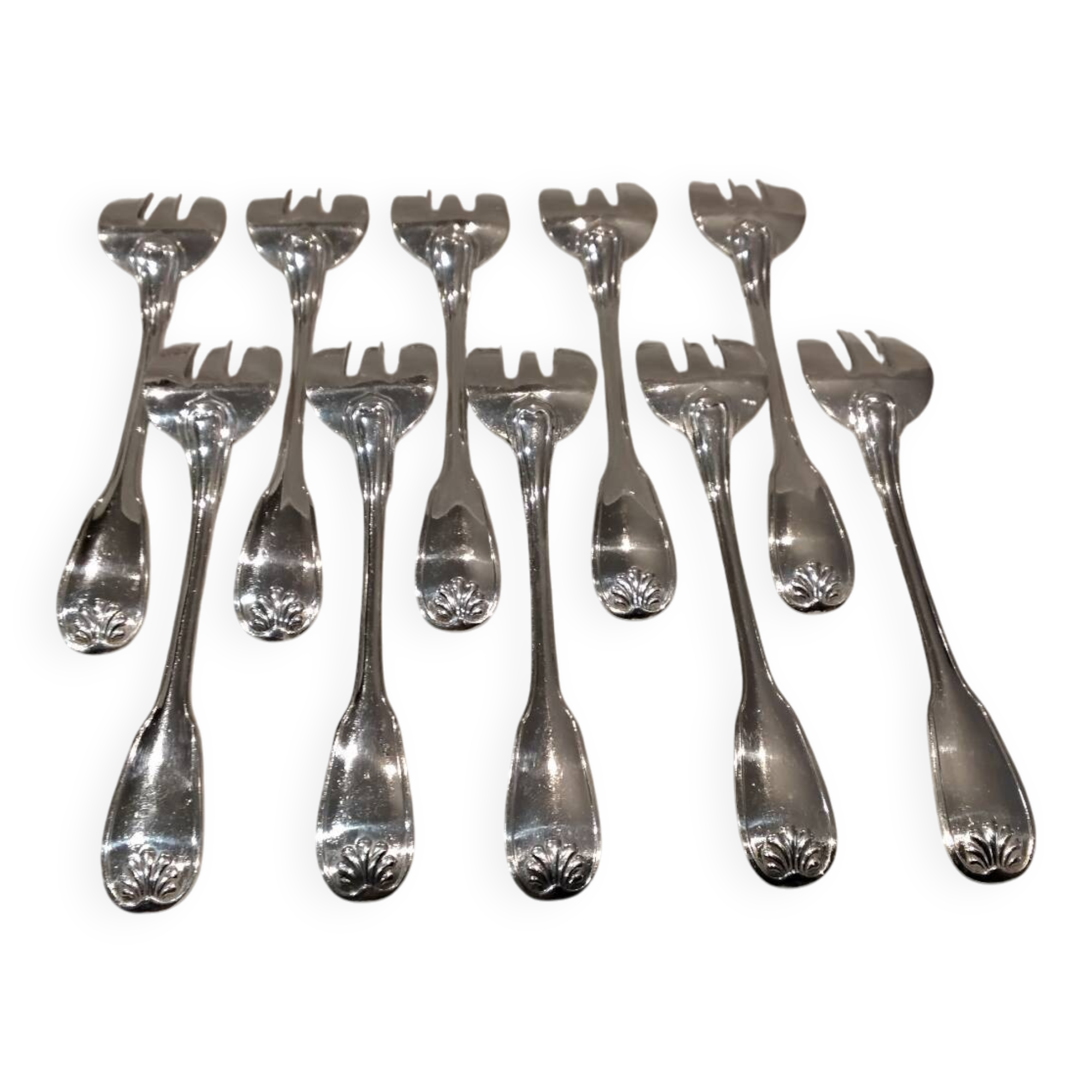 10 silver-plated oyster forks by Ravinet Denfert, shell-shaped goldsmith
