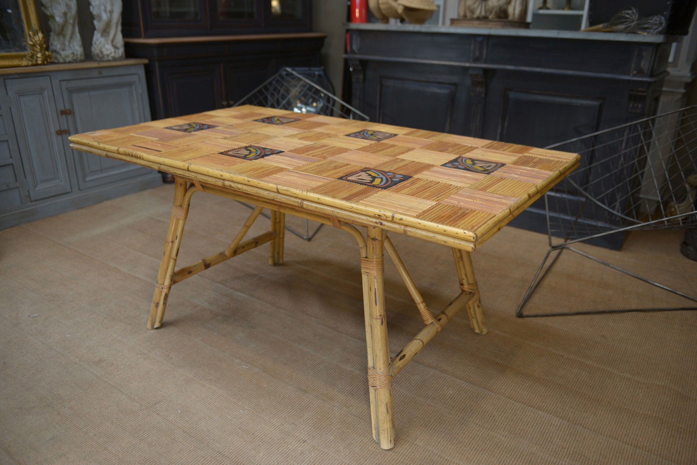 Rattan and ceramic table 1960
