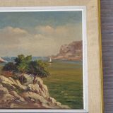 Old oil on canvas, Mediterranean cove landscape