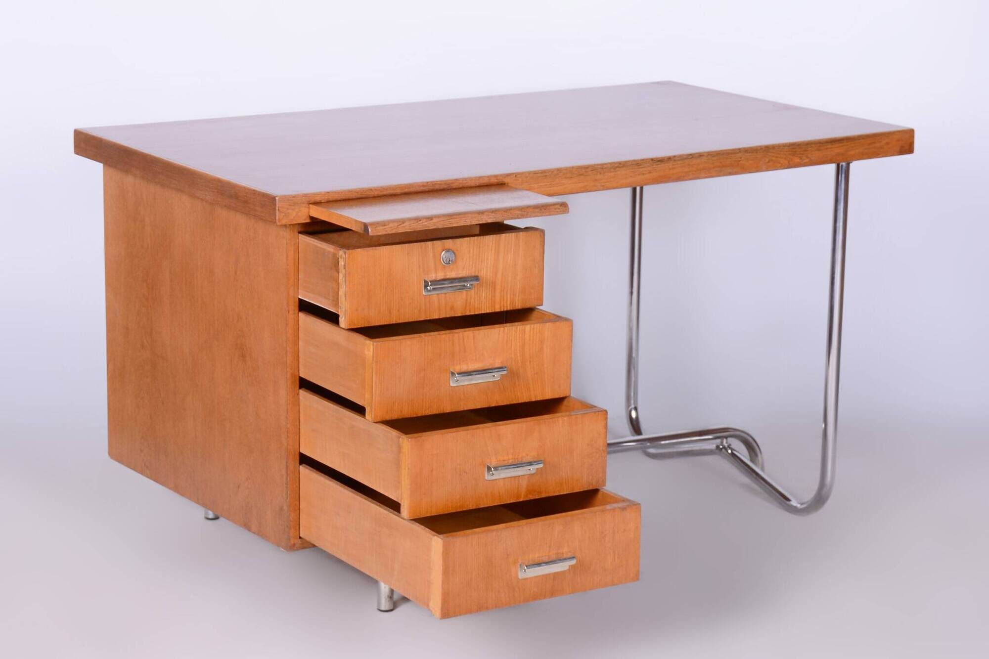 Restored Bauhaus Oak Writing Desk, Hynek Gottwald, Chrome, Czechia, 1930s