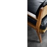 Vintage Mid-Century German Modern Oak & Black Leather Sofa, 1960s