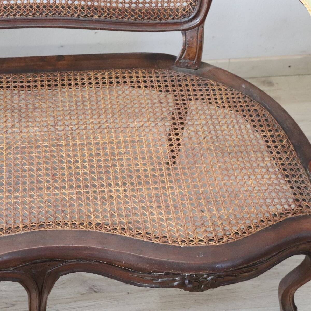 Antique Walnut And Vienna Straw Sofa, Italy 18th Century