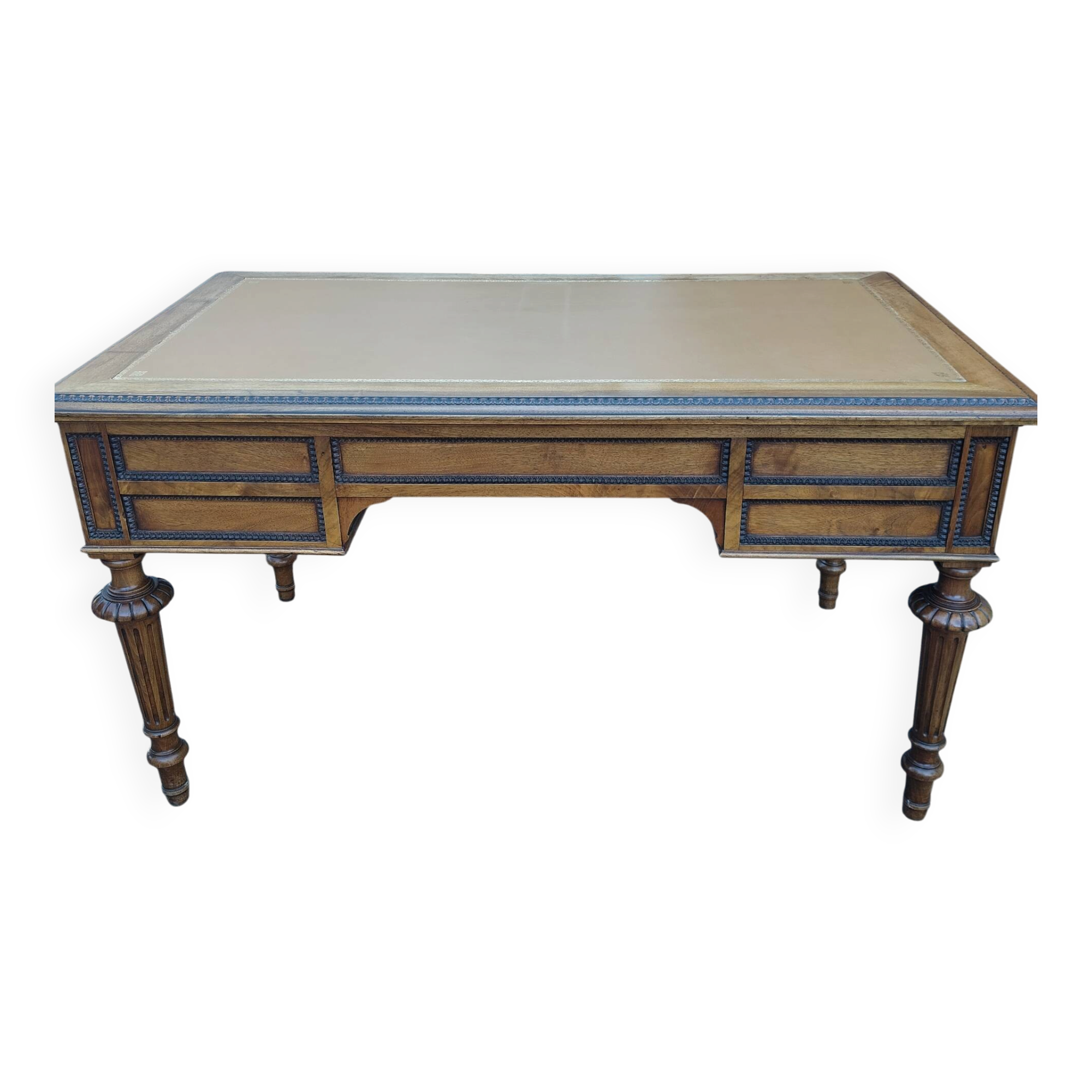 Double-sided flat desk in Louis XVI style made of mahogany and leather.