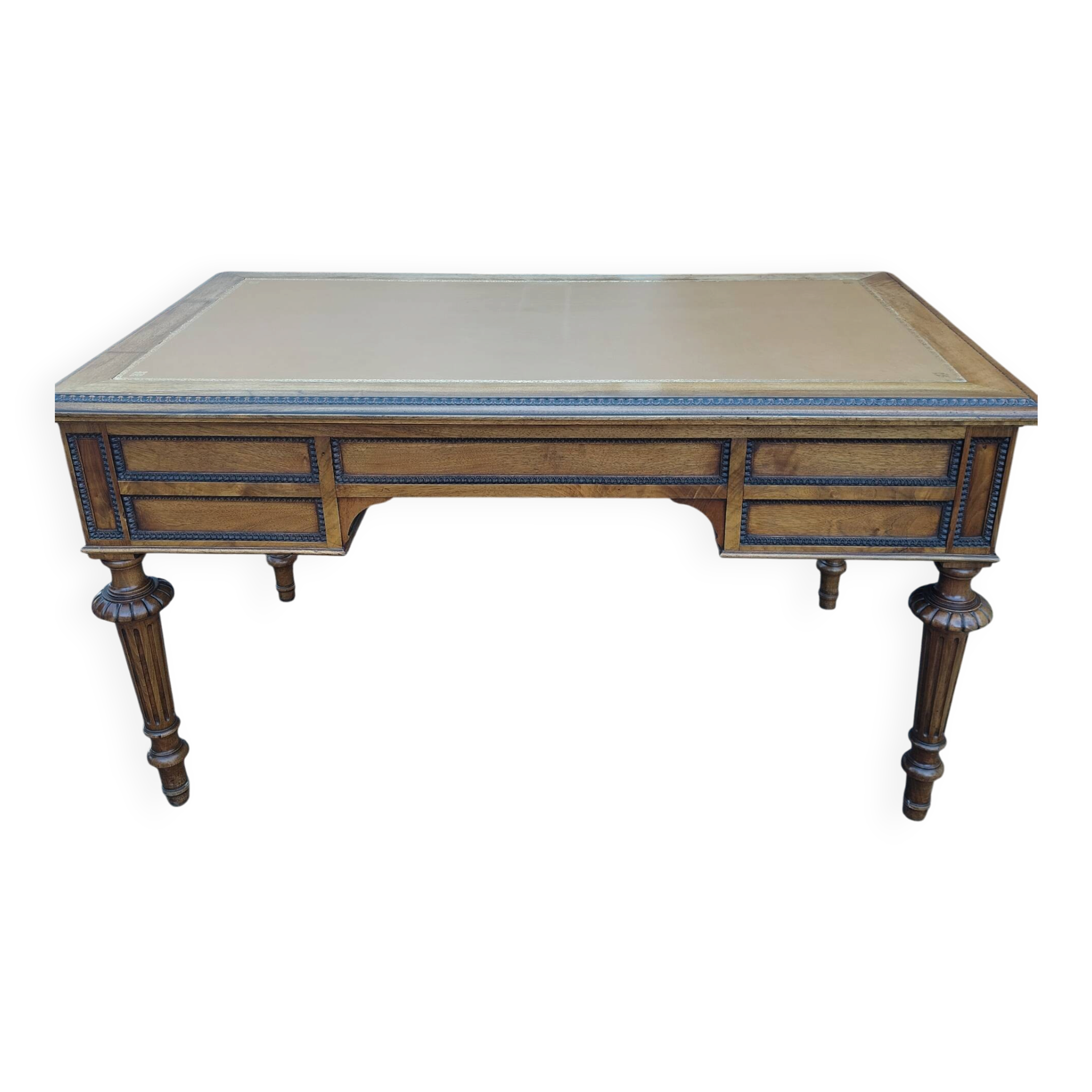 Double-sided flat desk in Louis XVI style made of mahogany and leather.