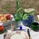Pitcher in purple and green grape slurry / vintage ceramic decanter
