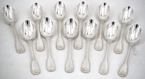 Ercuis Coquille 12 dessert spoons, silver-plated, 16.5 cm, excellent condition.