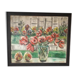Tableau ancien à l'huile représentant une nature morte