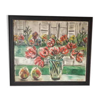 Old oil painting representing a still life