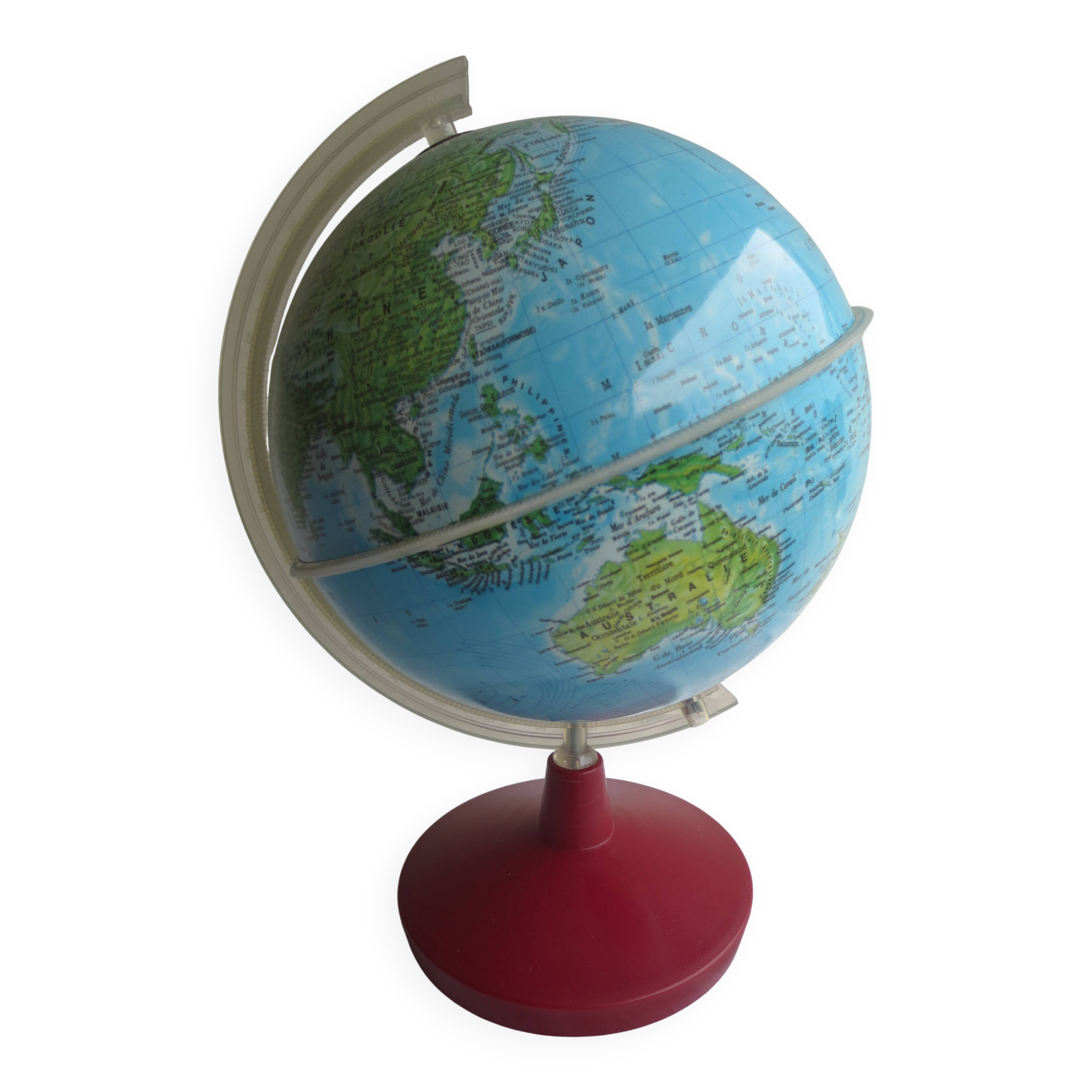 vintage world map, burgundy plastic base