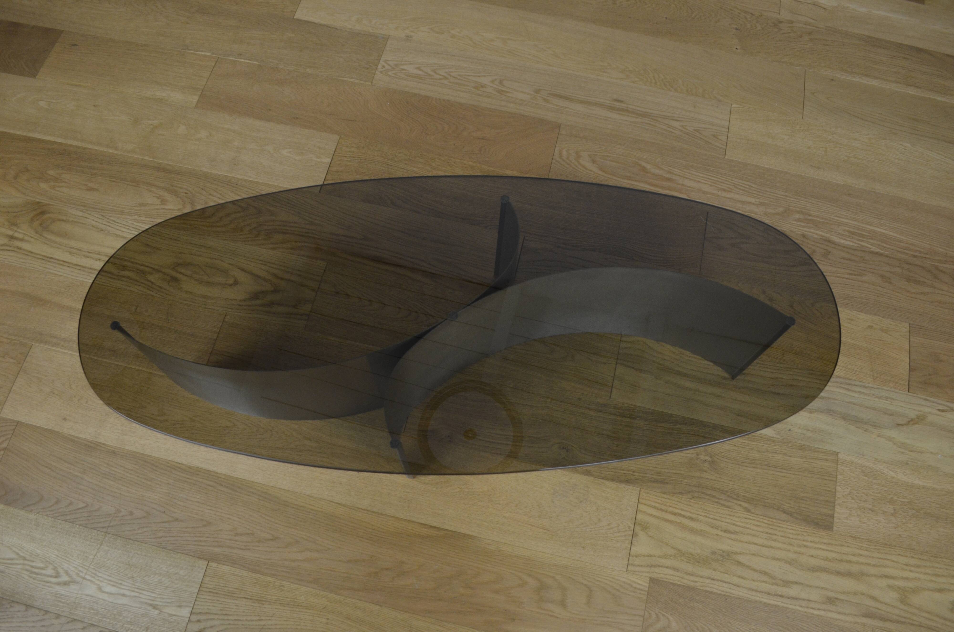 Vintage coffee table brushed steel and glass 1970