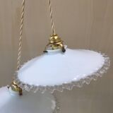 Pair of pendants in white opaline and transparent serrated edges