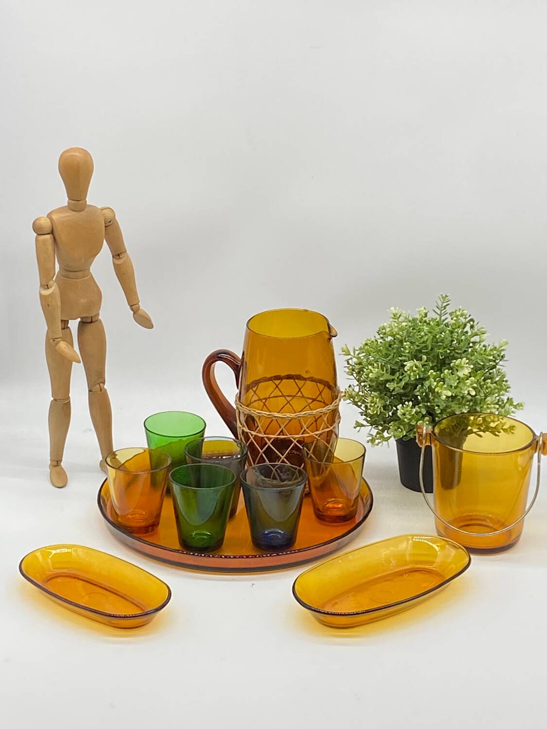 Service à apéritif vintage en verre de couleurs, Duralex-Vereco