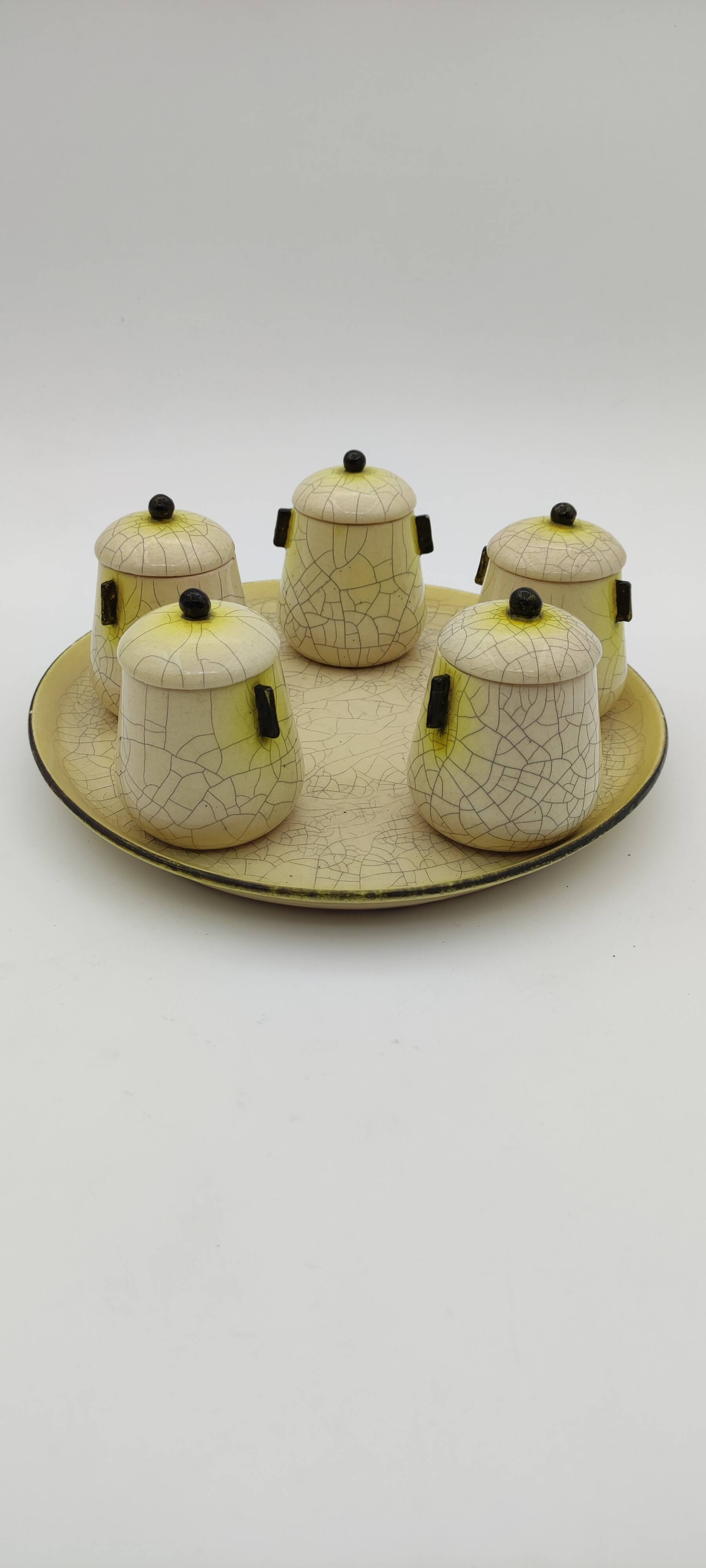 5 ceramic pots and tray Jean Maubrou Puisaye