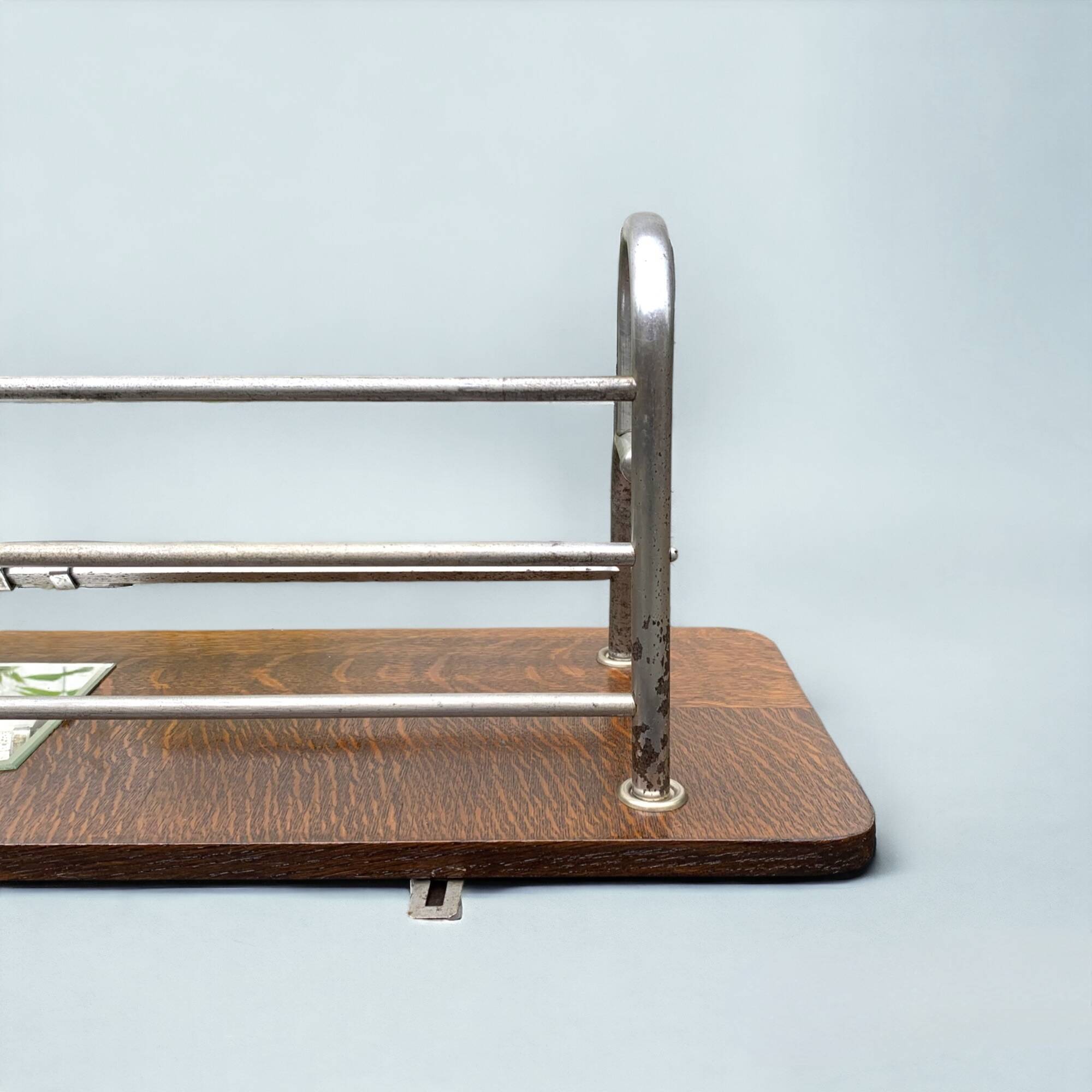 Large Art Deco wall-mounted coat rack in wood and chrome metal with mirror