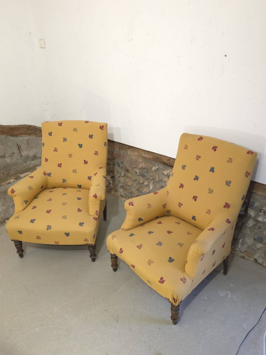 Pair of light mustard yellow English armchairs