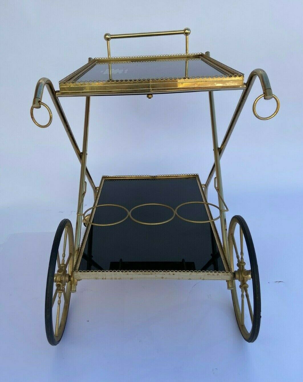 Vintage 1960's bar rolling table smoked glass gilded metal