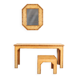 Console with sidetable and mirror in bamboo and rattan