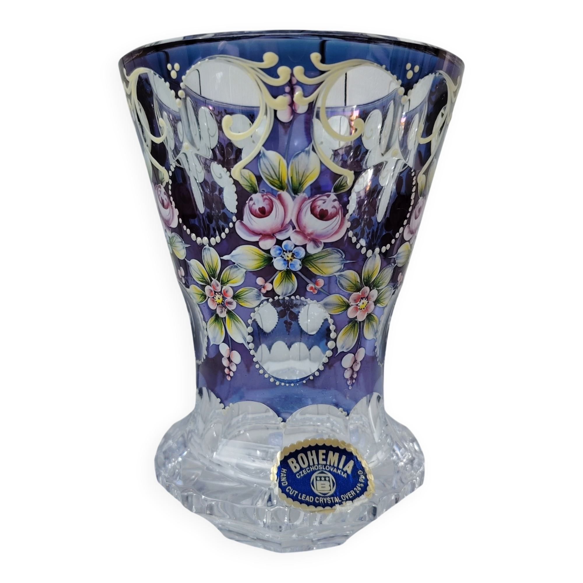 Vase en cristal de Bohème, décor floral peint et émaillé
