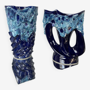 Set of 2 blue Vallauris Fatlava vases