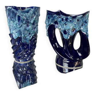 Set of 2 blue Vallauris Fatlava vases