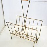 Mid-century openwork magazine rack, in gold metal & wooden handle.