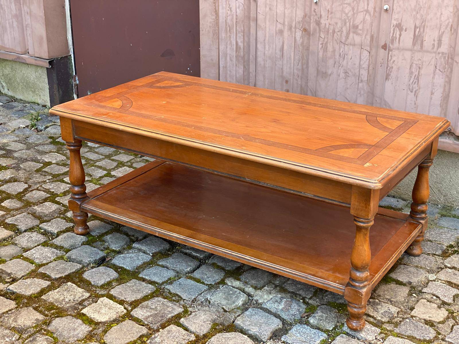 Solid wood and marquetry coffee table, double top, 110cm
