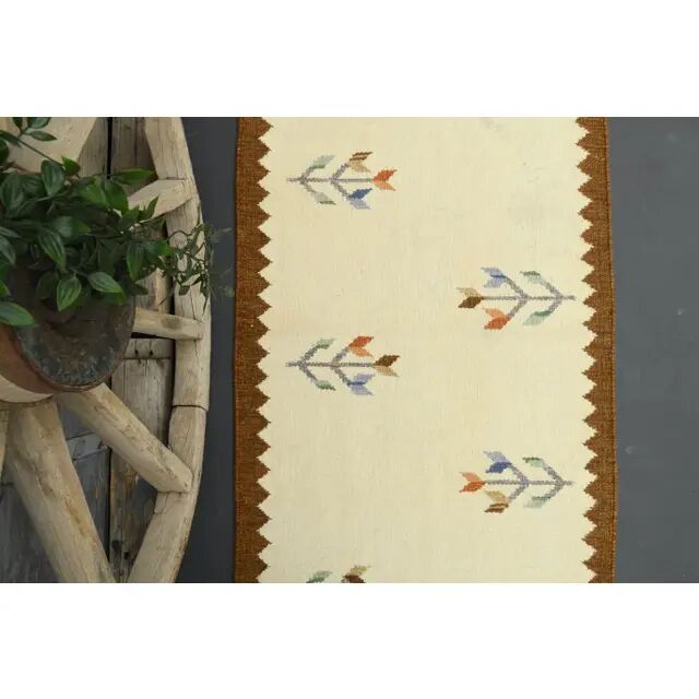 1970s Turkish Oushak Handmade Wool Cotton Beige Runner 71x283