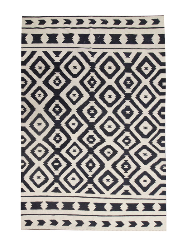 Traditionnel fait à la main Kilim Zone tapis Noir Crème Laine Flatweave tapis- 194x247cm