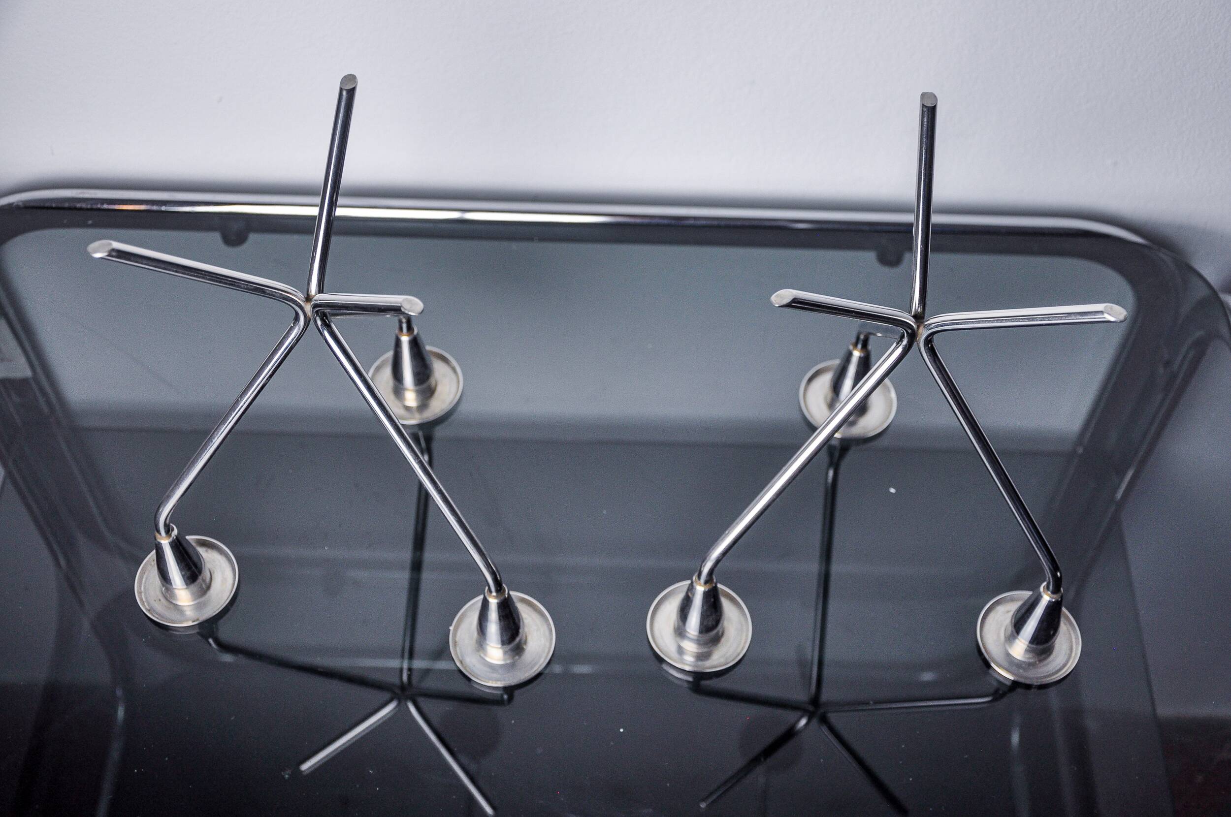 Pair of art deco stainless steel 3-flame candlesticks, Spain, 1970